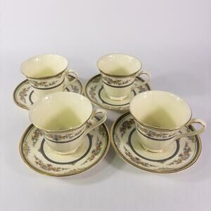 Set of 4 Vintage Minton Stanwood Gold Trim Tea Cups w/ Saucers England